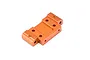 An orange anodized aluminium front suspension arm pin mount for HPI RC vehicles, shown from a high-angle perspective.