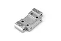 A silver aluminium front suspension arm mount for HPI Firestorm and Blitz RC vehicles, featuring pre-drilled holes and threaded points.