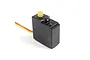 A black plastic RC servo motor with a yellow output gear and a three-wire cable extending from the side.