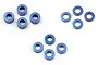 A collection of twelve small blue anodized aluminium shims arranged in three groups on a white background.