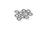 A cluster of ten small silver aluminium shims or spacers for RC cars, arranged on a plain white background.