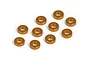 Ten small orange anodized aluminium shims or spacers arranged on a white background.