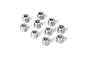 A collection of ten small silver aluminium cylindrical shims or spacers arranged on a white background.