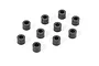 Ten small black cylindrical aluminium spacers arranged on a white background.