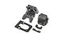 A set of black plastic RC gearbox components for the TLR 22X-4, including the main housing, cover, and mounting plates.