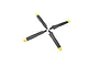 Four individual black RC airplane propeller blades with yellow tips arranged in a cross pattern on a white background.