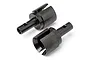 Two black metal differential outdrive cups for HPI Baja RC vehicles, shown from an angled perspective against a white background.