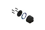 Exploded view of an ARRMA differential case set including a black housing, a black cover plate, a blue gasket, and four screws.