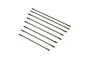 A set of eight identical silver-coloured metal threaded suspension link rods arranged diagonally on a white background.