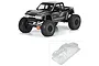 A composite image showing a fully assembled black RC crawler truck and an inset of the clear, unpainted Pro-Line Cliffhanger body shell.