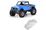 A composite image showing a painted blue Pro-Line Sumo RC truck body on a chassis and an unpainted clear polycarbonate body shell.