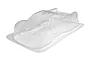 A clear, unpainted polycarbonate short course truck body shell for an RC vehicle, shown from a high-angle front three-quarter view.