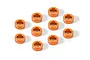 Ten small orange anodized aluminium shims arranged on a white background.