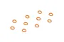 Ten small orange anodized aluminium shims arranged on a plain white background.