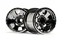 Two HPI Warlock 2.2 inch RC truck rims with a reflective black chrome finish, shown from a front-facing angle against a white background.