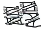 A set of black aluminium RC suspension arms by GPM Racing, including various mounting pins and screws, arranged on a white background.