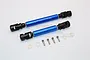 Two GPM blue aluminium and black steel RC drive shafts with included pins and washers on a white background.
