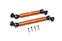 Two orange aluminium RC driveshafts with black universal joints and four small metal grub screws on a white background.
