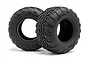 Two black HPI Racing GT2 RC monster truck tyres with aggressive tread patterns, shown against a white background.