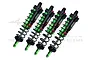 A set of four GPM Racing green and black aluminium piggyback shock absorbers for RC cars, displayed against a white background.