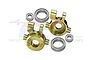GPM Racing brass front steering hubs for RC cars, including two brass hubs and four steel ball bearings, set against a white background.
