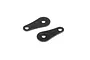 Two black, teardrop-shaped flat metal suspension braces with two holes each, isolated on a white background.