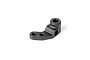 A black plastic right steering hub component for an RC car, featuring mounting holes and an 'R' marking, isolated on a white background.