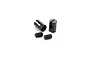 Two black aluminium steering stop components and two small black grub screws arranged on a white background.