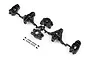 HPI Savage XS upright set on a plastic parts tree with included metal pins and screws on a white background.