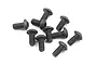 A collection of ten black metal button head screws scattered on a white background.
