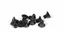 A small pile of ten black metal countersunk hex screws on a white background.