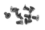 A collection of ten black metal countersunk head screws with hex sockets, arranged on a white background.