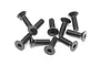 A cluster of black metal countersunk hex screws for RC car assembly on a white background.