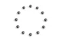 A circular arrangement of twelve small, polished silver-coloured metal balls on a white background.