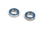 Two metal ball bearings with blue rubber seals sitting on a white background.