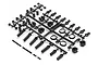 A black plastic parts tree containing various shock components for an HPI Savage XS RC car, including ball ends, spacers, and small threaded grub screws.