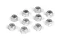 A top-down view of ten silver-coloured 3mm aluminium lock nuts arranged on a plain white background.