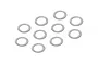 Ten small, thin, silver-coloured metal washers arranged on a plain white background.