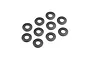 A set of ten small black cone washers arranged on a white background.