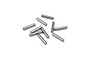 A collection of ten small, cylindrical metal drive pins scattered on a white background.