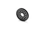 A black composite spur gear for RC cars, featuring a circular design with multiple lightening holes and fine gear teeth.
