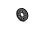 A black composite spur gear for RC cars, featuring a circular design with multiple lightening holes and fine teeth along the outer edge.