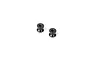 Two small black aluminium stand-offs for RC cars, shown from a top-down angled perspective on a white background.