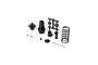 A collection of disassembled RC shock absorber parts including a threaded shock body, spring, plastic parts tree, and small hardware on a white background.