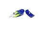 Losi Mini-B RC car body shell and rear wing in blue and white with green flame graphics on a white background.