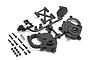 HPI Savage XS centre gearbox set parts including plastic molded tree, screws, and metal pin on a white background.