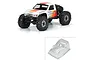 A composite image showing a fully assembled RC crawler truck and an unpainted, clear Pro-Line Cliffhanger HP cab-only body shell on a white background.