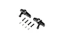 Two black plastic RC steering hubs with four metal hinge pins and four small screws on a white background.