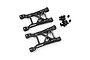 Two black aluminium RC rear suspension arms with mounting hardware on a white background.