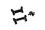 Two black aluminium bumper mounts and a set of small black screws for RC cars on a white background.